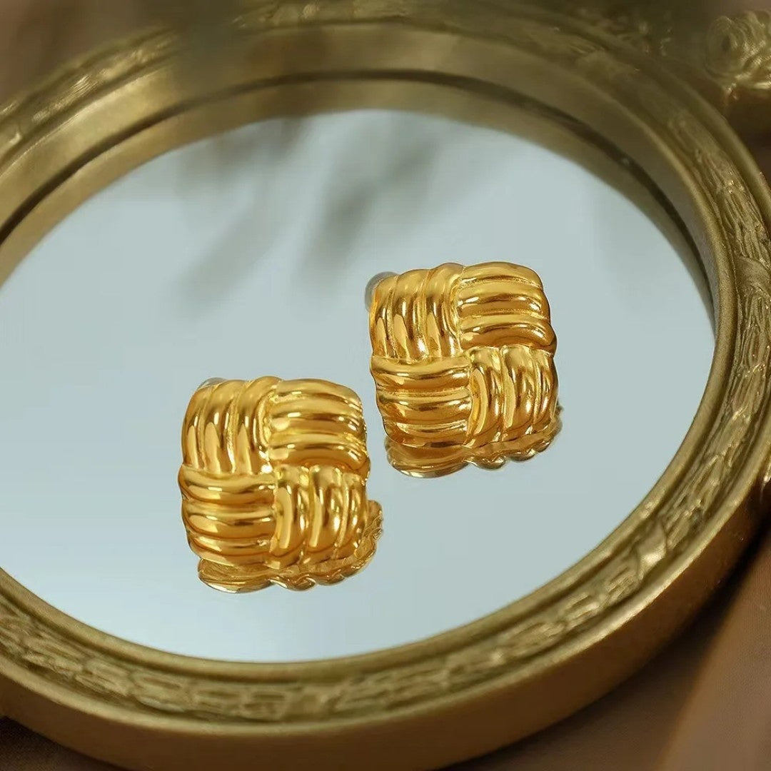 YU Fashions  Basket weave Geometric Square Knot Twisted Texture Vintage Chunky Korean Earrings