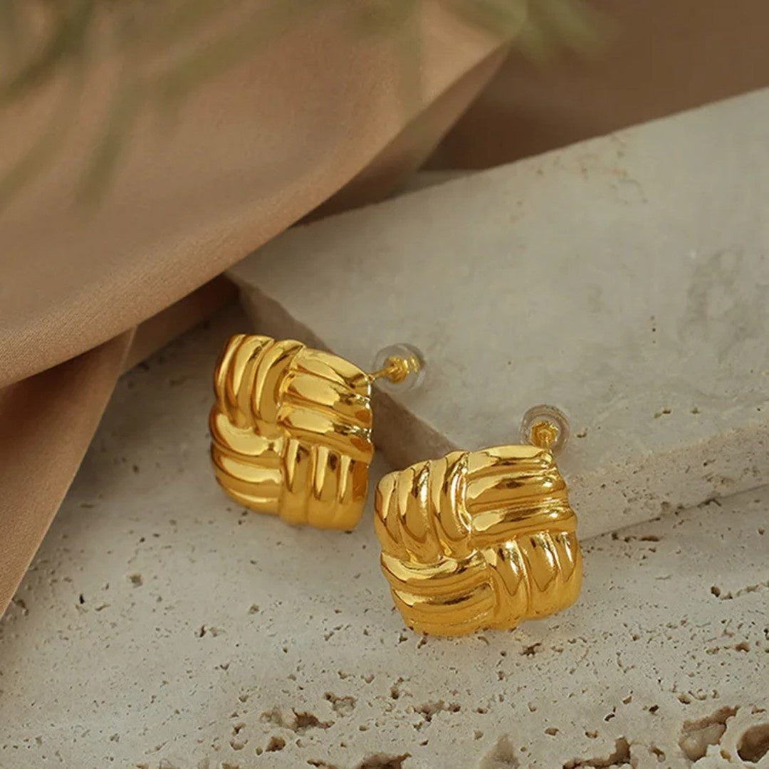 YU Fashions  Basket weave Geometric Square Knot Twisted Texture Vintage Chunky Korean Earrings