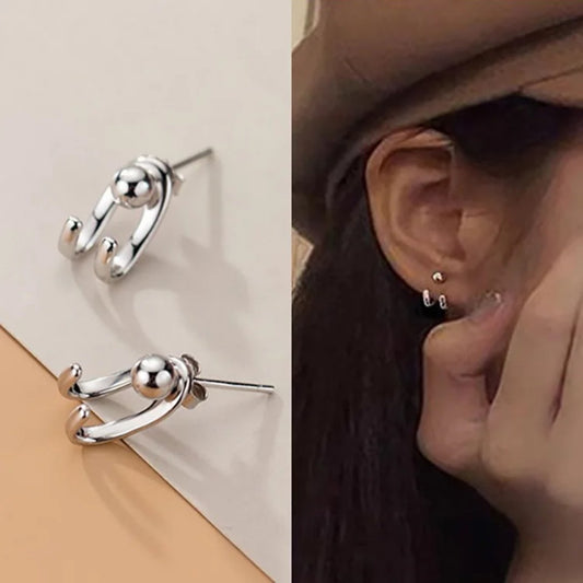 YU Fashions  Needle Hanging Double Hook Line Light Bead C Shaped  Silver Geometric Joker Neutral Celebrity Inspired Korean earrings Pair