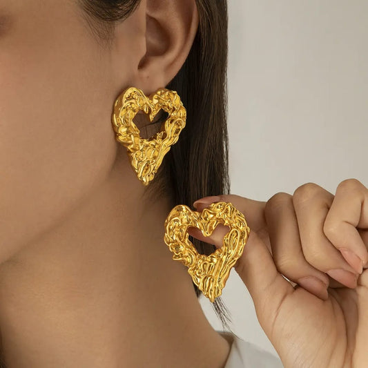 Yu Fashions Heart Melted Lava Texture Geometrical Water Resistant Golden High Fashion Korean Statement Earring