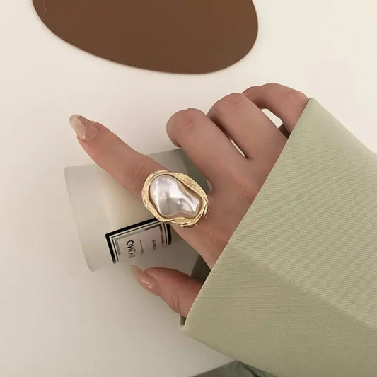 Yu Fashions Big Melted Irregular Twisted Geometric Boho Adjustable Metallic Pearl Vintage Classy Korean Ring