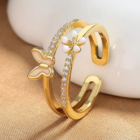 Yu Fashions Adjustable Butterfly Flower Cute High Fashion Golden Korean Ring