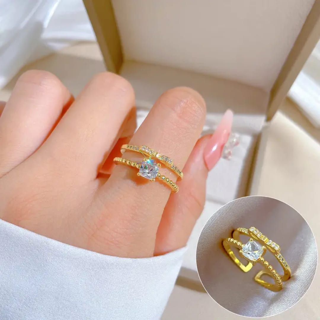 Yu Fashions Adjustable Golden Crystals Double Layered Korean Ring