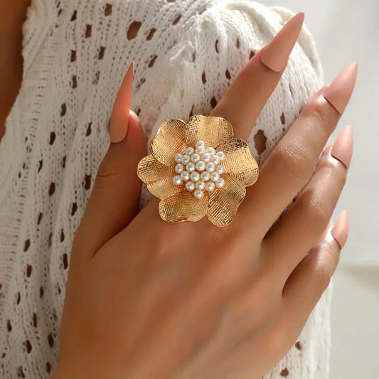Yu Fashions Pearl Big Flower Golden Creative Vintage Open Adjustable Korean Ring