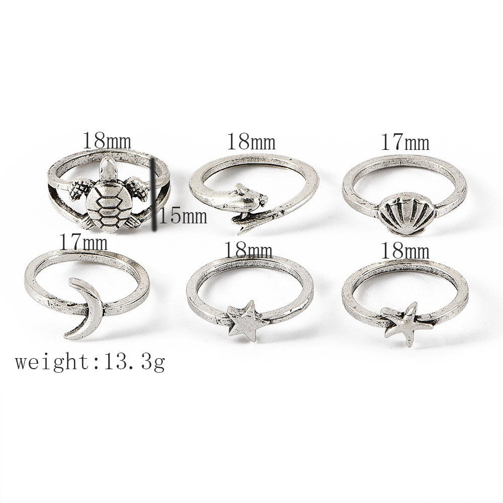 Yu Fashions Cute Beach, Dolphin, Turtle, Moon Star, Starfish Ring Set of 6