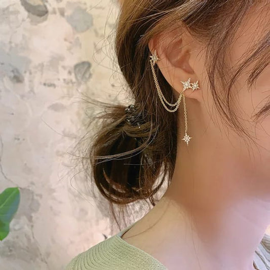 Yu Fashions Star Rhinestone Cute Chain Korean Earrings Pair