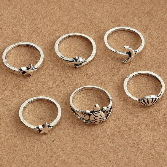 Yu Fashions Cute Beach, Dolphin, Turtle, Moon Star, Starfish Ring Set of 6
