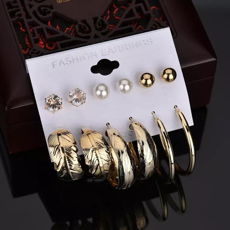 Yu Fashions Leaf Texture Golden Hoop Stud Korean Earrings Pair of 6