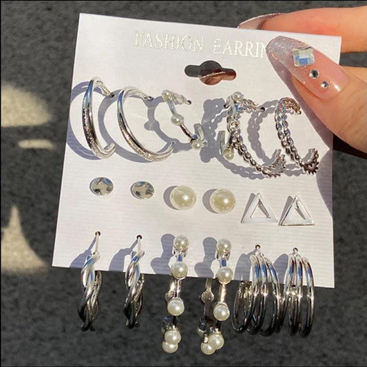 Stylish Pearl Hoops Studs earrings Set of 9 Pair For Women