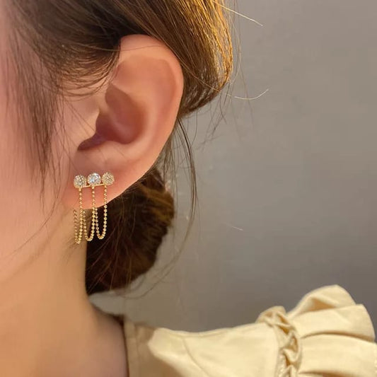 Yu Fashions 3 Chain Drop Golden Crystal 2 way Trending Korean Earrings Pair