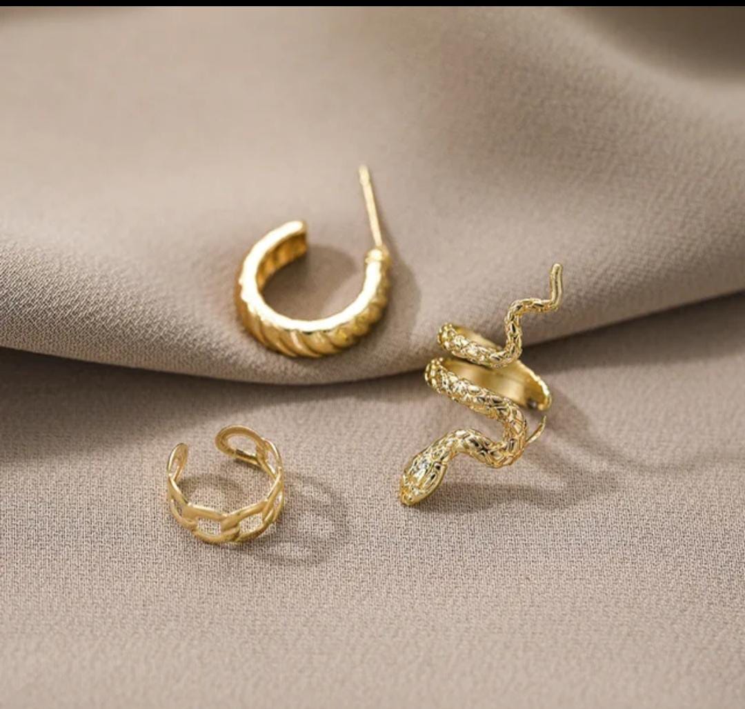 YU Fashions  Snake Textured Ear Cuff Ear clip 3 Non Piercing Korean Earrings Pair