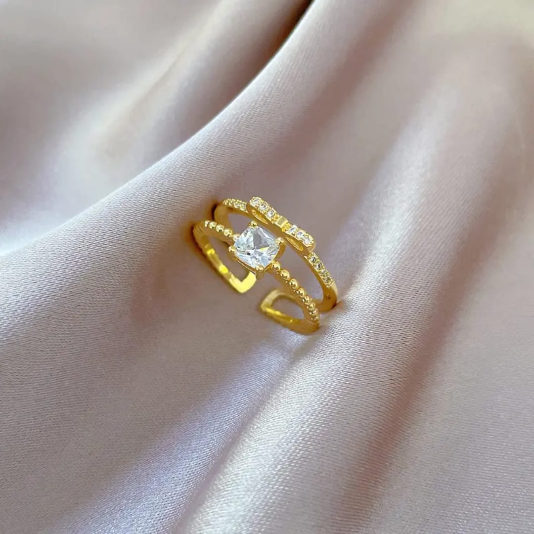 Yu Fashions Adjustable Golden Crystals Double Layered Korean Ring