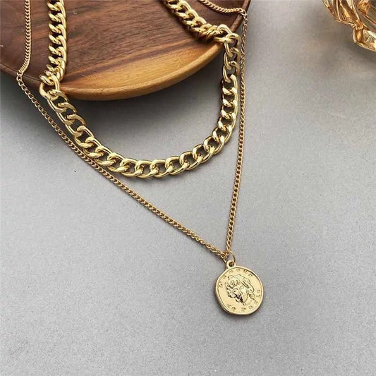 Yu Fashions Coin Pendent  2 layered Link Chain Necklace