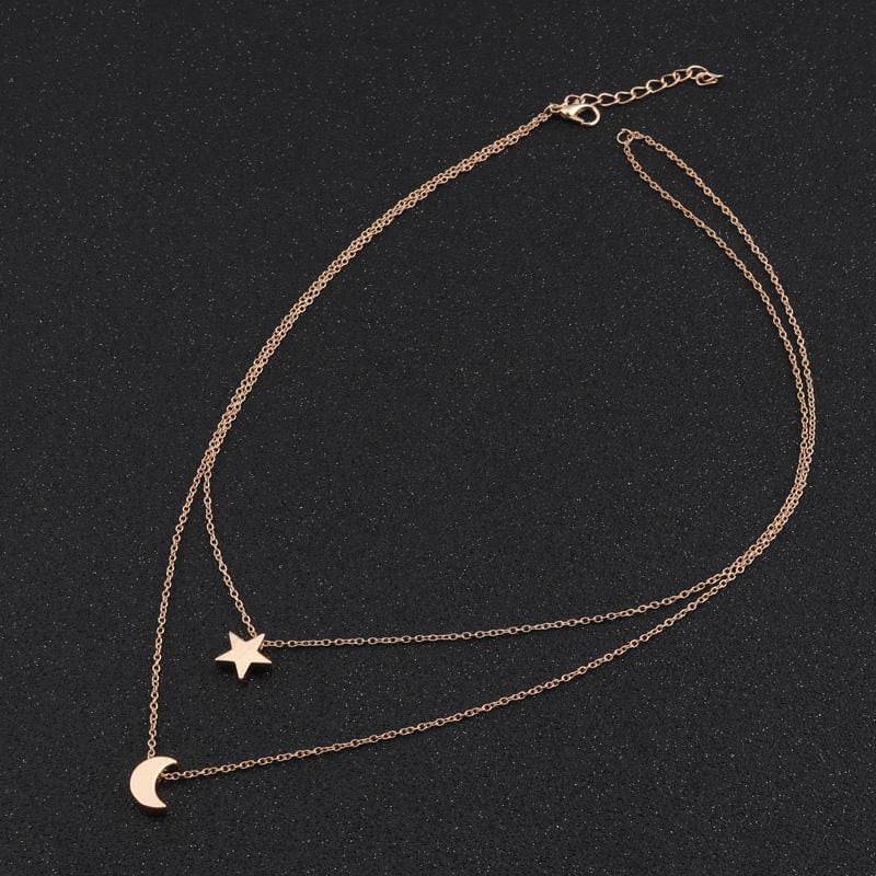 Yu Fashions Moon & Star Minimal Pendent 2 layered Necklace Chain