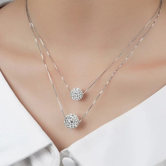 Yu Fashions Crystal Ball Pendent 2 layered Silver Necklace Chain
