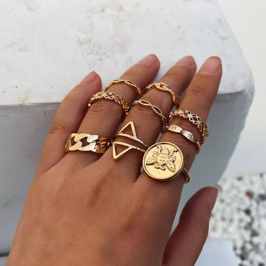 Yu Fashions Golden Round Ring With Bee Texture Triangle Korean Ring Set of 9