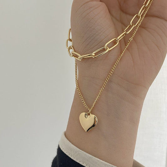 Yu Fashions Heart 2 layered Golden Pendent Link Necklace Chain