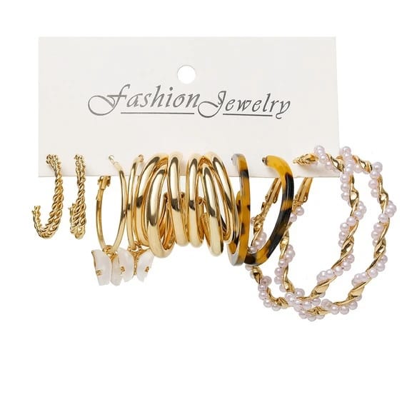 Stylish Animal Print Acrylic Golden Pearl Hoop Butterfly Earring Set of 5 Pairs For Women