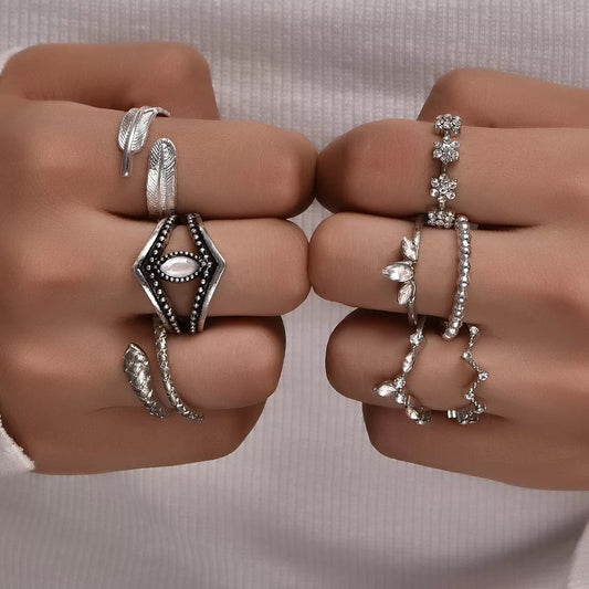 Yu Fashions Snake Flower Korean Bohemian Ring Set of 8