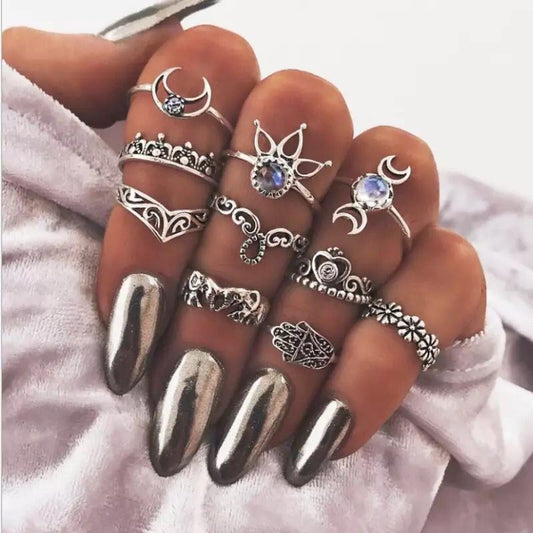 Yu Fashions Purple Crescent Moon Flower Link Boho Korean Silver Ring Set of 10
