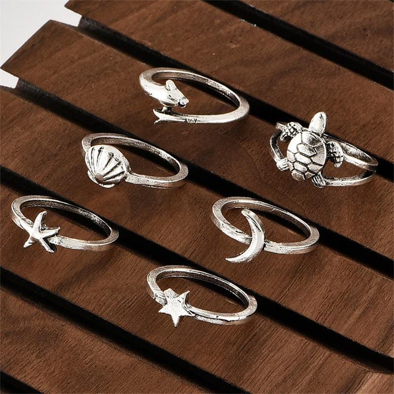 Yu Fashions Cute Beach, Dolphin, Turtle, Moon Star, Starfish Ring Set of 6