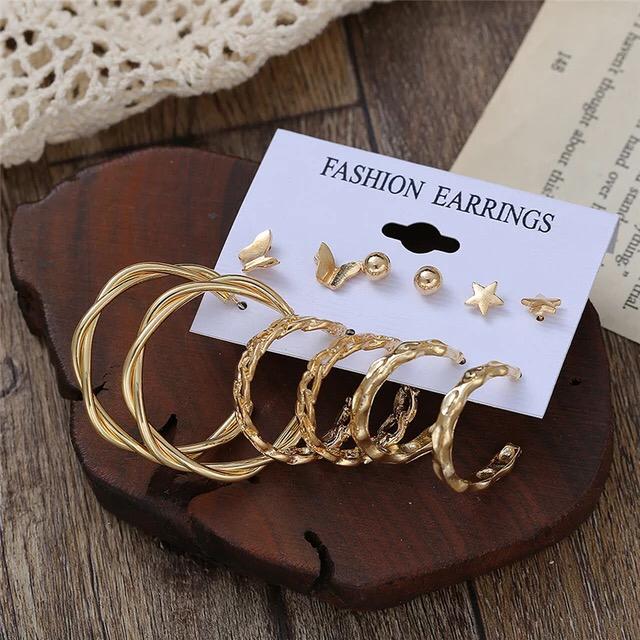 Stylish Golden Hoops Studs Earrings Set of 6 Pairs For Women