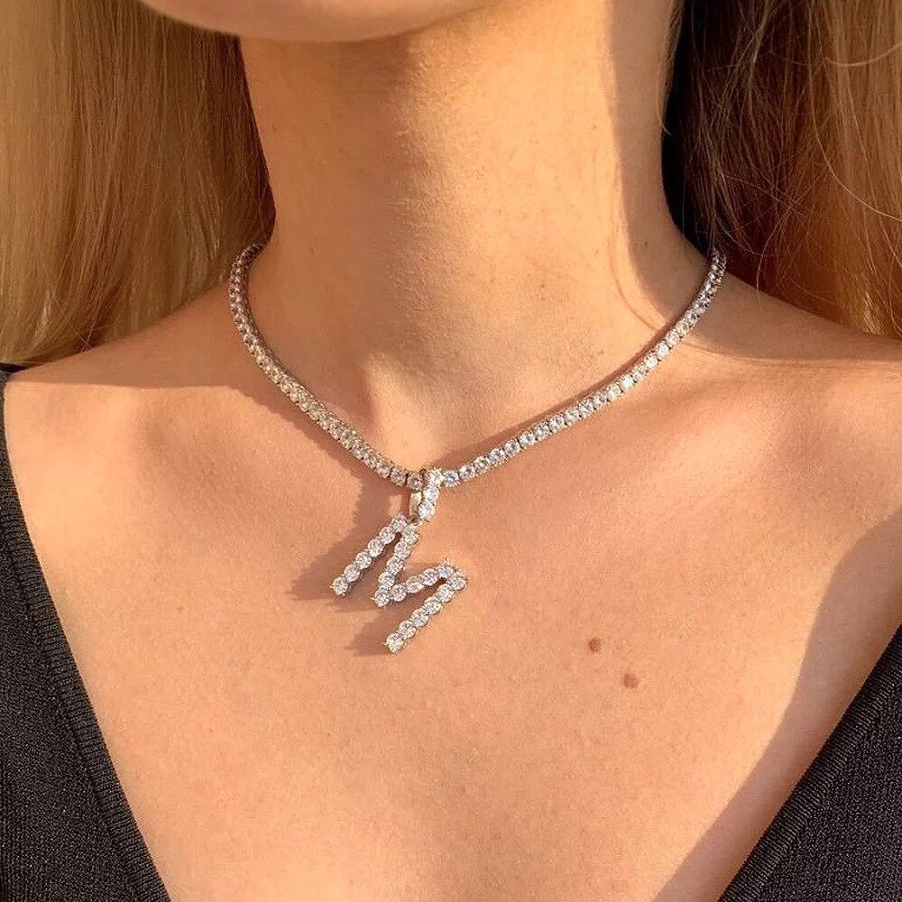 Yu Fashions Rhinestone Alphabet Name Initial Pendent Necklace Tennis Chain