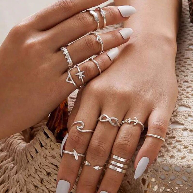 Yu Fashions Infinity Bohemian Silver Ring Set of 14