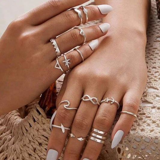 Yu Fashions Infinity Bohemian Silver Ring Set of 14