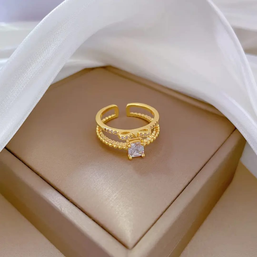 Yu Fashions Adjustable Golden Crystals Double Layered Korean Ring