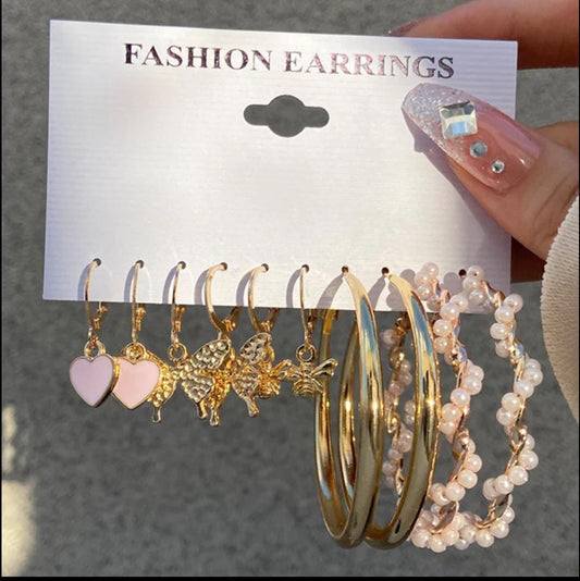 Stylish Pink Heart Butterfly Golden Insect Pearl Golden Twisted  Hoop Earring Set of 5 Pairs For Women