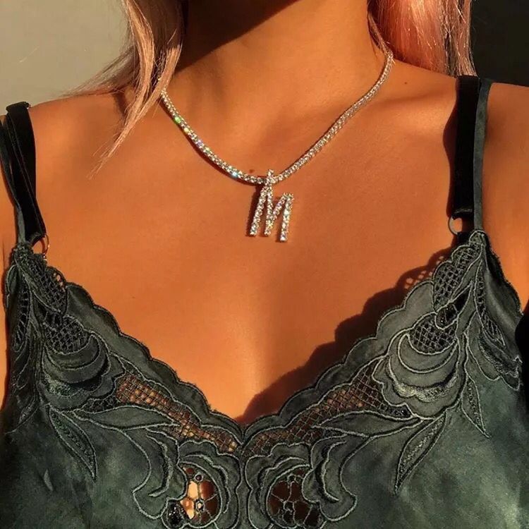 Yu Fashions Rhinestone Alphabet Name Initial Pendent Necklace Tennis Chain
