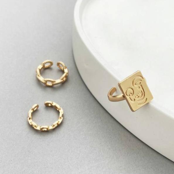 Yu Fashions Bohemian Golden Ring Vintage Face Link Chain Ring Set of 3