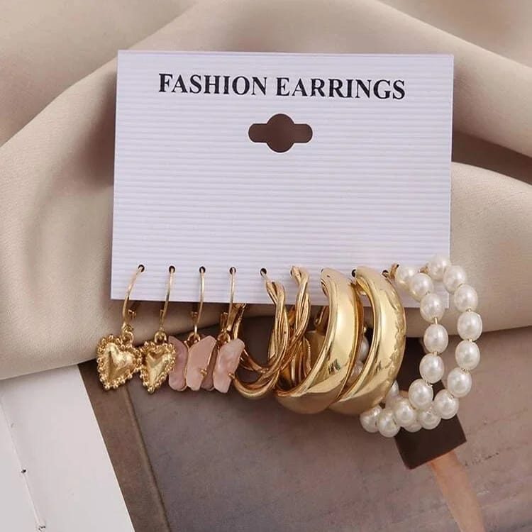 Stylish Trendy Cute Butterfly Golden Heart Pearl Hoop Earrings Set of 5 Pairs For Women