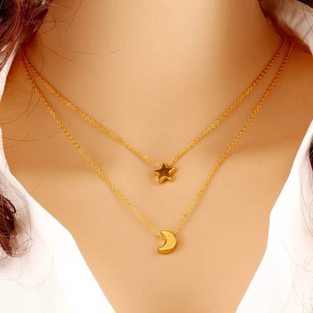 Yu Fashions Moon & Star Minimal Pendent 2 layered Necklace Chain