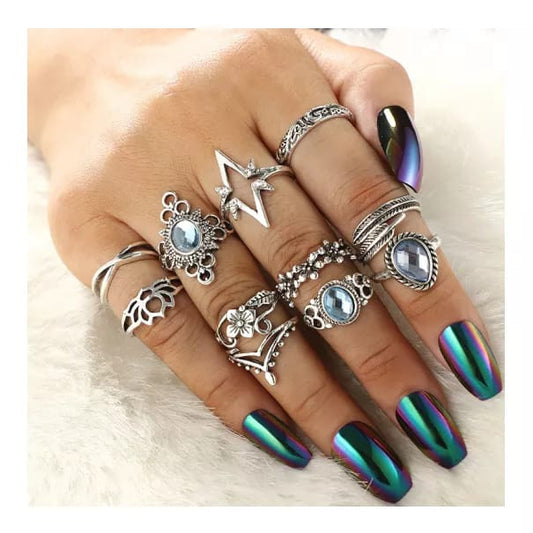 Yu fashions Boho Blue Lotus Floral Feather Cute Korean Ring Set of 11