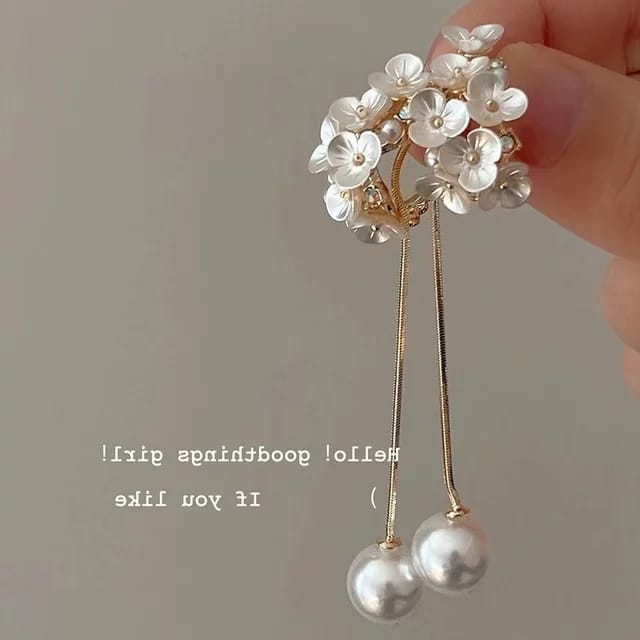 Yu Fashions Faux Pearl Flower Bunch Drop Pearl Golden Korean Earrings Pair