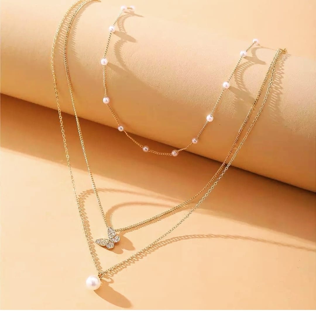 Yu Fashions Trending 3 layered Pearl Pendent Butterfly Pearl Chain Necklace