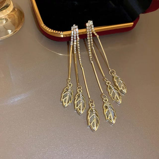 Yu Fashions Leaf Pattern Golden rhinestone Tassel Chain Korean Earrings Pair