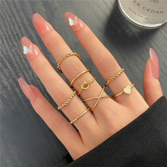 Yu Fashions Heart Cross Twisted Link Stone Ring Set of 7