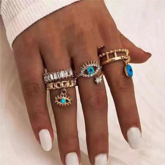 Yu Fashions Evil Demon Blue eye ring set of 4 for women
