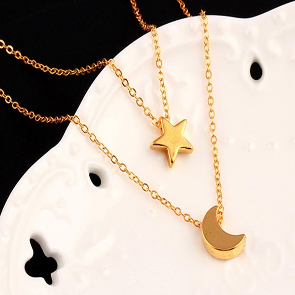 Yu Fashions Moon & Star Minimal Pendent 2 layered Necklace Chain