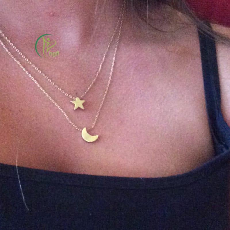 Yu Fashions Moon & Star Minimal Pendent 2 layered Necklace Chain