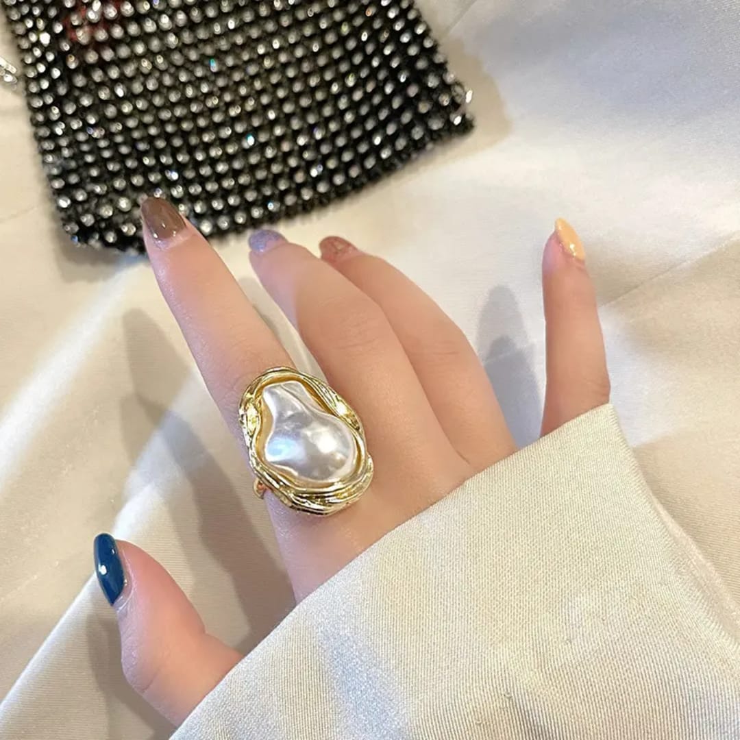 Yu Fashions Big Melted Irregular Twisted Geometric Boho Adjustable Metallic Pearl Vintage Classy Korean Ring
