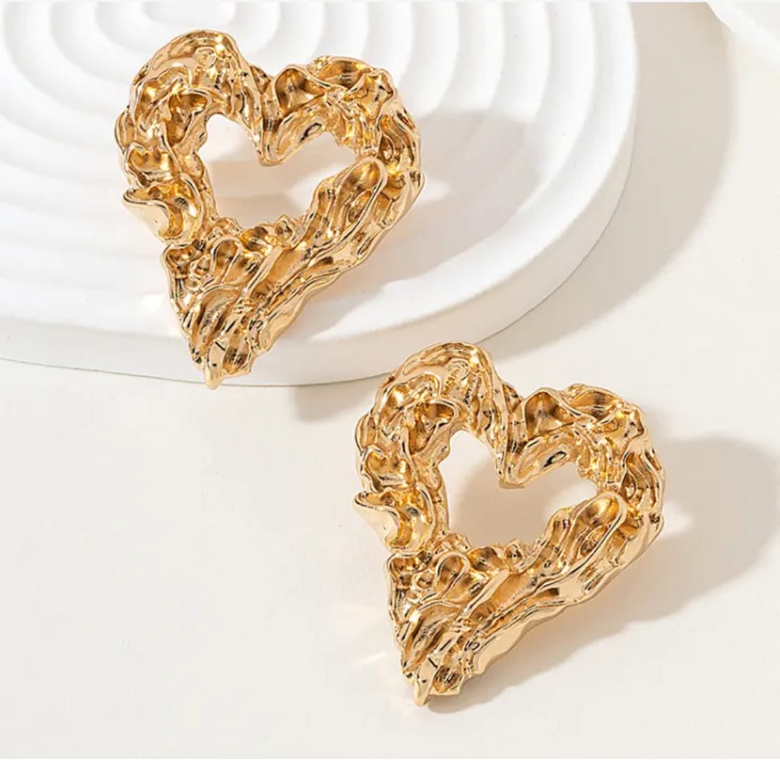Yu Fashions Heart Melted Lava Texture Geometrical Water Resistant Golden High Fashion Korean Statement Earring