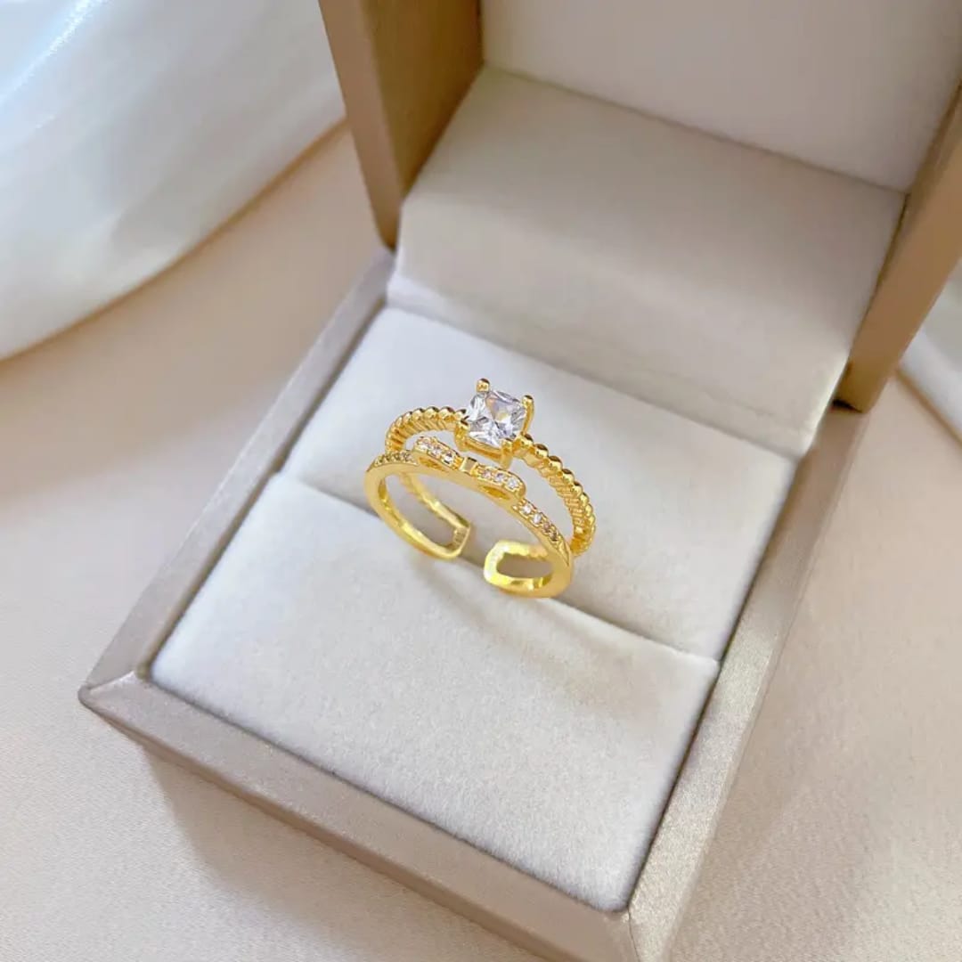 Yu Fashions Adjustable Golden Crystals Double Layered Korean Ring