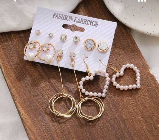 Stylish Heart Pearl Cute Golden Stud Earrings Set of 6 Pairs For Women