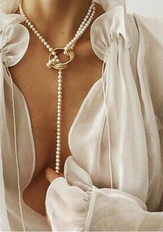Yu Fashions Circle Toggle Golden Pearl Long Sweater Necklace Chain