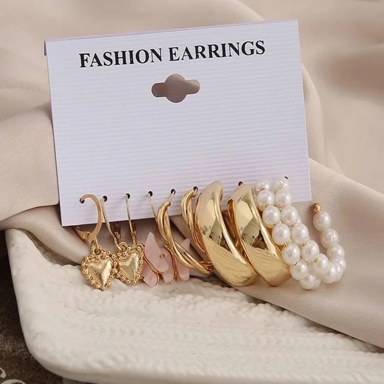 Stylish Trendy Cute Butterfly Golden Heart Pearl Hoop Earrings Set of 5 Pairs For Women