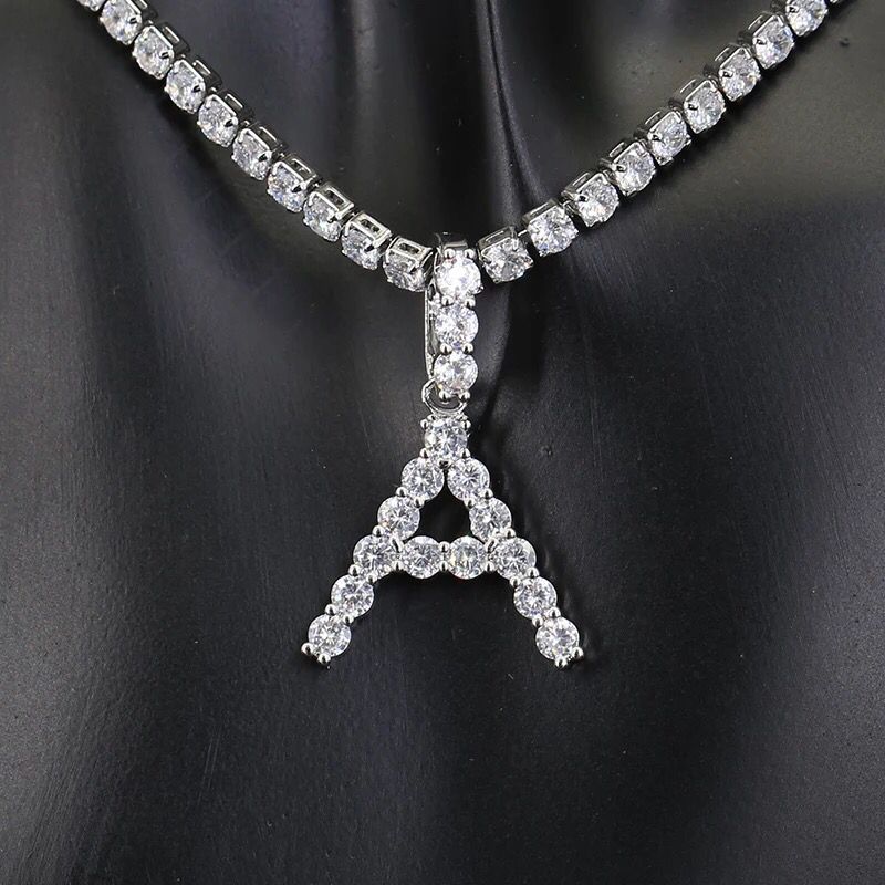 Yu Fashions Rhinestone Alphabet Name Initial Pendent Necklace Tennis Chain
